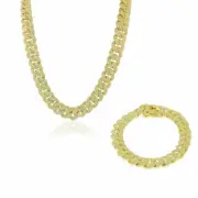 Sterling Silver Gold-Tone CZ Miami Cuban Link Chain Bracelet Set