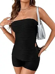 [KIFOVEN] Women’s 2 Pieces Outfit Pleated Side Split Strapless Tube Top Shorts Set Summer Bandeau Going Out Set