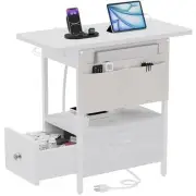 Small Side Table with Charging Station, Narrow Nightstand Bedside Tables with