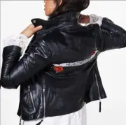 Black Genuine Leather Biker Jacket by Boohoo Medium Embroidered MSRP $190