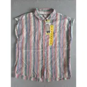 Orvis Women Small Striped Sleeveless Pocket Button Up Top Blouse Linen Blend