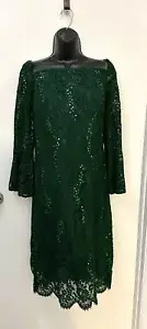 Formal Dress, Off Shoulder. Long Sleeve. Above Knee Hunter Green Sequins. S 8