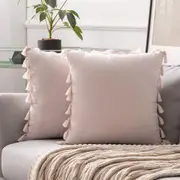 Pack of 2 Velvet Soft Solid Decorative Throw Pillows with Tassels Fringe Boho Accent Cushion for Couch Sofa Bed, Pink