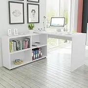 White Corner Desk with 4 Shelves: Home, Computer, Office Table - Adjustable Height, Sturdy Design Perfect for Work & Gaming, Stand Up Desks
