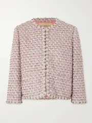 [Valentino Garavani] Valentino Garavani - Crystal-embellished Chiffon-trimmed Metallic Tweed Jacket - Pastel pink - IT38 IT 38 Pink