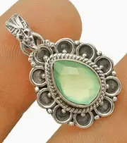 Natural Aquamarine Chalcedony 925 Sterling Silver Pendant 1 1/5'' Long @B4-2