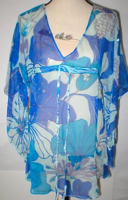 NWT New Silk Tunic Top Womens Antik Batik M Blue Purple Swim Sheer Cover Up Sequ