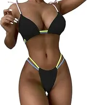 [TOZLU] Thong Bikini,Women Bandeau Bandage Bikini Set Push-Up Brazilian High Waist Swimwear Plus Size Beachwear Swimsuit Black