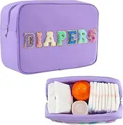 Portable Small Diaper Bag, Chenille Letter Diaper Caddy Organizer Pouch Newborn Baby Essentials Must Haves for Nursery Changing Table, Purple Waterproof Diaper Pail Baby Shower Gifts for Mom To Be