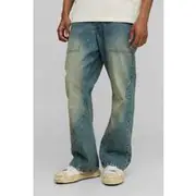 Mens Stonewash Relaxed Rigid Flared Blue Washed Panelled Jeans