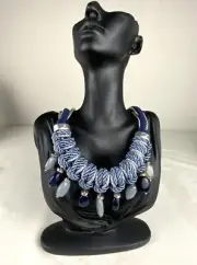 Chico’s LEAL DENIM Statement Bib Necklace Silver/Blues Beaded NWT!