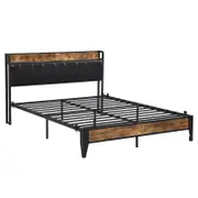 IHOMDEC Double Size Metal & Wood Bed Frame 2 Outlets &1 USB ports and 1 Type C Charging Station BED03 Rustic Dark Brown