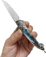 PUWANGDA Mini Folding Pocket Knife Damascus Steel Blade Abalone Shell Handle, Ball Bearing Pivot, Knives For Outdoor Camping,Excellent Gift