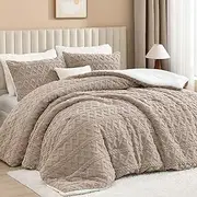 Andency Fluffy Sherpa King Comforter Set, Super Soft Khaki Fleece Warm Bedding for Winter, Luxury Jacquard Boho Thick Fuzzy Plush Bed Set 3 Pieces(1 Shaggy Comforter, 2 Pillowcases)