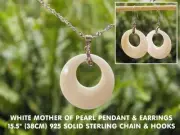 Round Mother of Pearl pendant & earrings 16" 925 Solid Silver chain