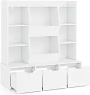 HONEY JOY Children Bookcase, Toy Storage Organizer with 3 Movable Drawers, 8 Cubbies, Upper Display Shelf, Anti-toppling Kit, Versatile Storage Cabinet for Kids Room, Bedroom, Playroom, White