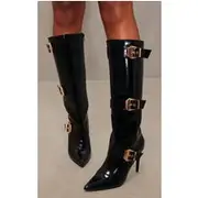 Black PU Patent Point Toe Buckle Knee High Heeled Boots, Black