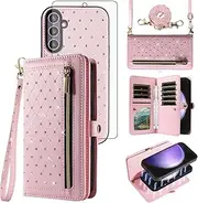[Asuwish] Phone Case for Samsung Galaxy S23 FE 5G Zipper Wallet Detachable Cell Cover with Tempered Glass Screen Protector Crossbody Strap Bling Flip Credit Card Holder S 23 EF S23FE 23S Women Men Pink