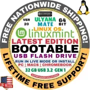 Linux MINT 20 USB Ulyana, Mate, 64-Bit Live Boot, Full Install for MAC, PC