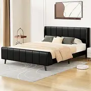 ALFORDSON Bed Frame Base Double Size HUNDOLF Series, Mattress Topper Platform Foundation with PU Leather Upholstery for Bedroom, Black