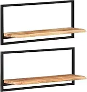 2-Piece Wall Shelves Set, Solid Acacia Wood Floating Shelf with Live Edge, Sturdy Steel Frame Mounted Storage for Living Room, Bedroom, Display, 80x25x35 cm
