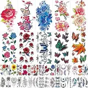 Flowers Temporary Tattoos Stickers, Roses, Butterflies and Multi-Coloured Mixed Style Body Art Temporary Tattoos for Women, Girls or Kids，Fake tattoos 42 Sheets (Include 10 Sheets Large Stickers)