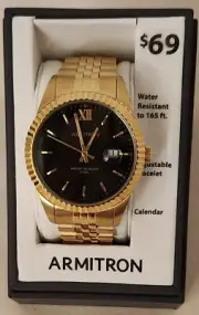 Armitron Men's GoldTone Black Dial Dress Watch-Calendar Water Resistant NEW!