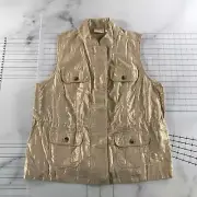 Chico's Vest Womens 2 Gold Zip Snap Front Pockets Linen Cotton Blend Sparkly