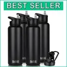 Double Walled 40oz Insulated Black Water Bottle with Straw & Spout Lid Bundle