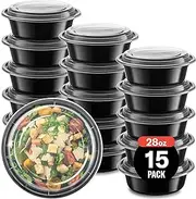 15-Pack Reusable Meal Prep Containers Microwave Safe Food Storage Containers with Lids, 28 oz Round Take Out Disposable Plastic Bento Lunch Box To Go Meal Prep Bowls, BPA-Free, Freezer Dishwasher Safe