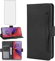 Asuwish Compatible with Motorola Moto G84 5G Wallet Case and Tempered Glass Screen Protector Card Holder Stand Leather Flip Cell Accessories Phone Cover for G 84 2023 Women Men Black