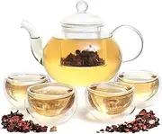 Moss & Stone 6 PCS Glass 27oz Tea Kettle Infuser Gift Set, Borosilicate Glass Teapot with Removable Glass Strainer & 4 Double-Wall Glass Cups