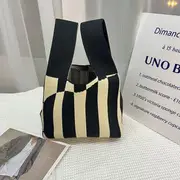 Patterned Knit Tote Bag SKU-01 - Stripes - Black & Beige - One Size