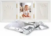Baby Handprint Footprint Makers Kit, Triple Folding Photo Frame with Clay Kit, White Baby Photo Frame Imprint Set, Baby Hand Foot Print Picture Frame Kit for Newborn Baby Gifts & Keepsakes