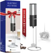 Electric Milk Frother Handheld with Stainless Steel Stand & Double Whisks, Mini