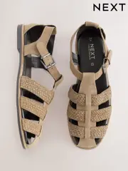Khaki Green Forever Comfort® Leather Round Closed Toe Weave Detail Fisherman Sandals (AJ1466) | $90