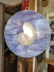 Stained Glass Amethyst Hanging Suncatcher Seashell Cottage Beach Nautical Decor