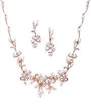 [Mariell] Elegant Cubic Zirconia Crystal Floral Vine Rose Gold Necklace and Earrings Set, Blush Gold CZ Jewelry Set for Weddings, Brides & Formals, Metal Gemstone, Cubic Zirconia