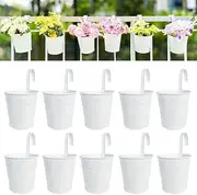 Emapoy 10 Pack Hanging Planters, 4 Inch Balcony Railing Hanging Planters, White Metal Bucket Fence Planter for Outdoor Plants Flower Pot Deck Rail Porch Window Box Hooks