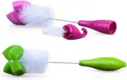 Nuby 2-Pack Bottle and Nipple Brush with Sponge Tip Pink/Green New