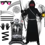 Grim Reaper Costume Kids ,Scythe Chain Gloves Robe Glowing Red Eyes Halloween Gr
