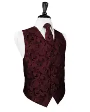 Luxury Satin Paisley Tuxedo Vest and Neck Tie in Shades of Red