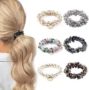 Pack of 6 Scrunchies Beads Rhinestone Hair Bobbles with Beads Elastic Stretchy Hair Accessories, Women's Elastic Scrunchies Girls Hair Accessories Headpiece