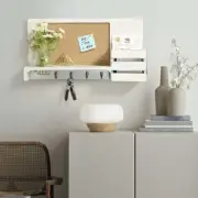 White Wood Entryway Organizer Rack with Cork Board, 4 Key Hooks and Glass Jar