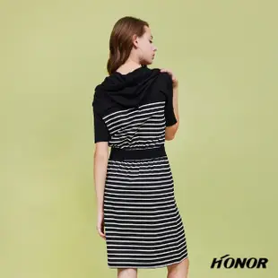 【HONOR 山形屋】彈性連帽鈕釦寬版收腰條紋洋裝