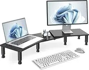 Dual Monitor Riser, Adjustable Height Steel Leg Wooden Stand with Storage Space - Black