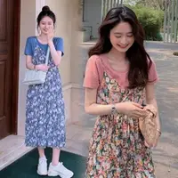 在飛比找momo購物網優惠-【漂亮小媽咪】夏日 韓系 碎花小洋裝 兩件式 吊帶裙 長裙 
