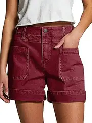 [Flamingals] Cargo Shorts for Women Mid Rise Roll Hem Summer Shorts Casual Relaxed Fit with Patch Pocket