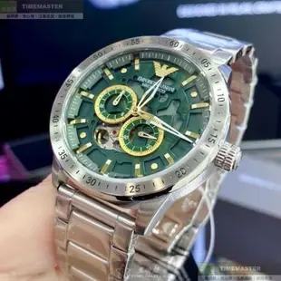 ARMANI 阿曼尼男錶 44mm 銀圓形精鋼錶殼 墨綠色機械鏤空中二針顯示, 雙眼, 運動錶面款 AR00057