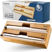 2 in 1 Wrap Dispenser with Cutter and Labels, Plastic Wrap, Aluminum Foil and Wax Paper Dispenser for Kitchen Drawer, Bamboo Roll Organizer Holder, Compatible with 12" Roll